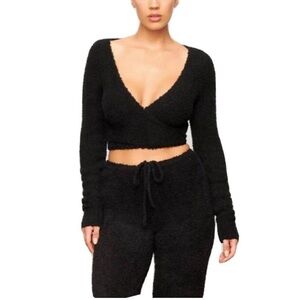 Skims Fuzzy Teddy Cozy Knit Wrap Crop Top (S/M) Onyx Black Long Sleeve